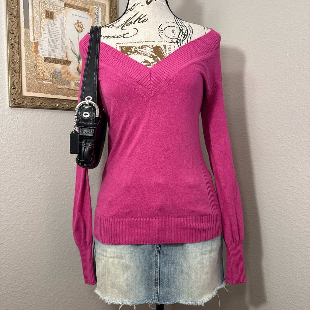 Vintage Y2K Express Off Shoulder Fuchsia Magenta Pink Long Sleeve Top Sz Small